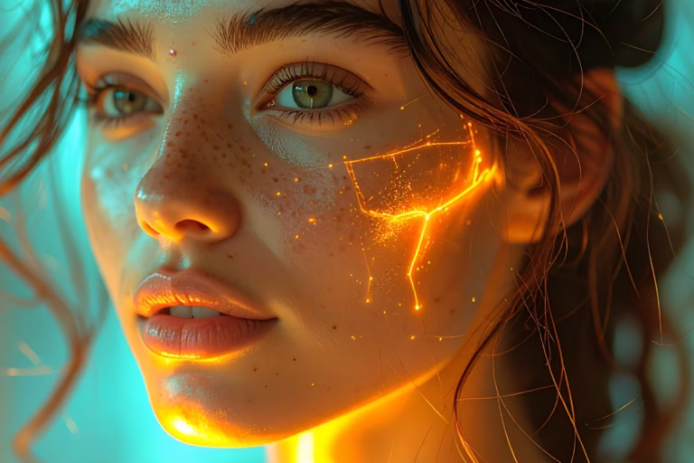A woman with lighting in her cheeks.